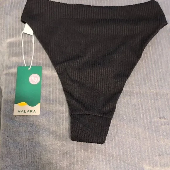 NWT HALARA size M Black Ribbed High Waisted Cheeky Bikini Bottom Swim - Picture 2 of 3